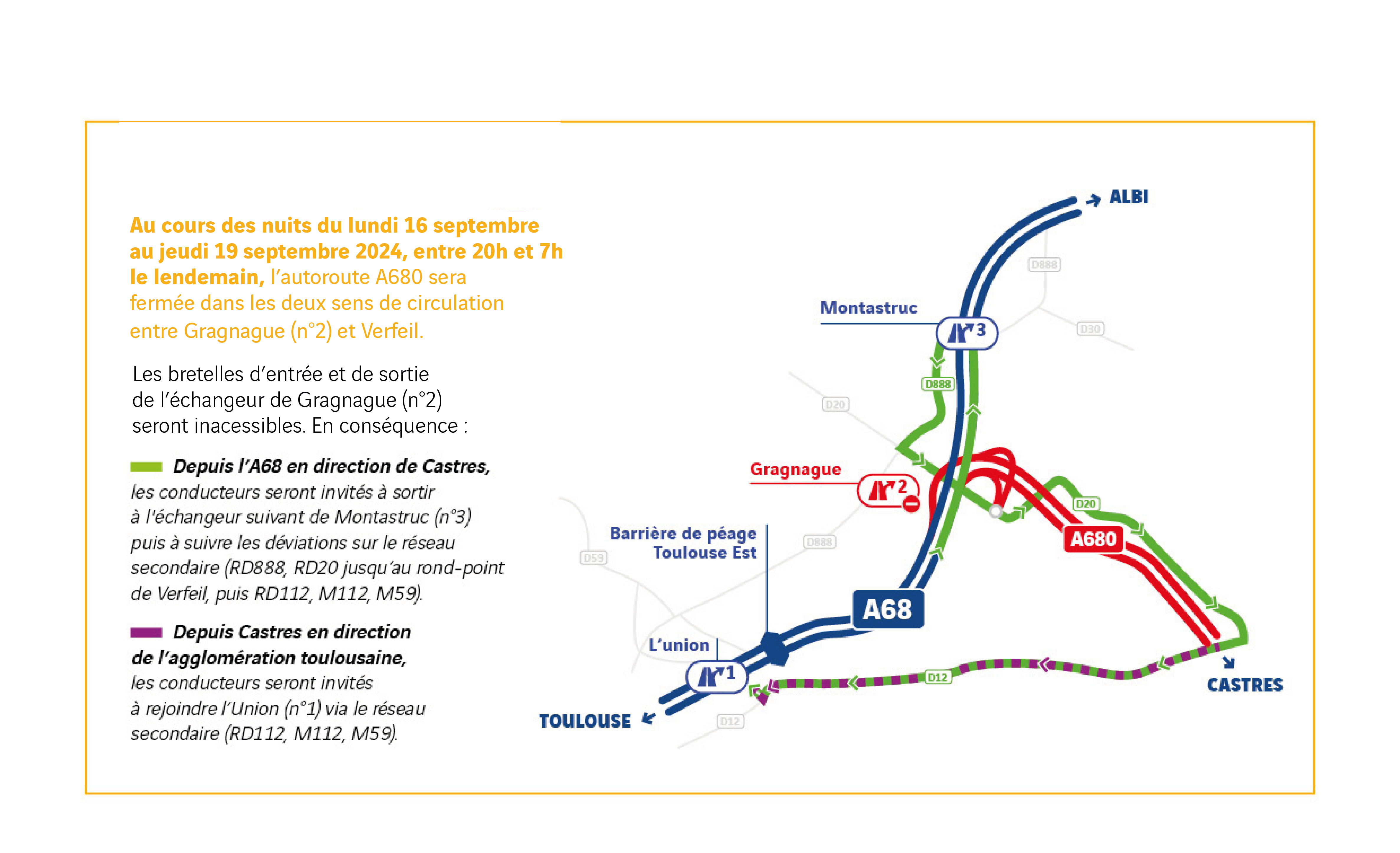 Travaux A680 conditions de circulation nocturnes du lundi 16 septembre au vendredi 20 septembre 2024