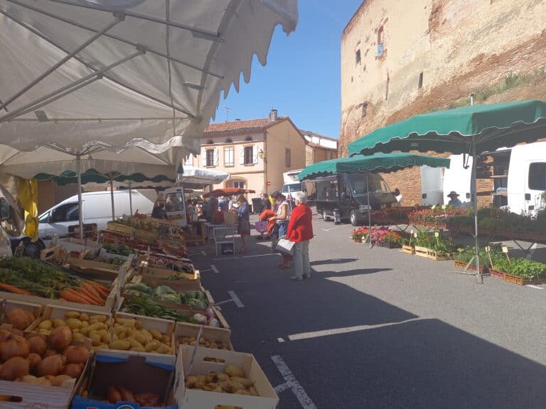 Vue du marché du village avec marchands de fruits, légumes et fleurs sur une place pavée, devant des bâtiments en briques